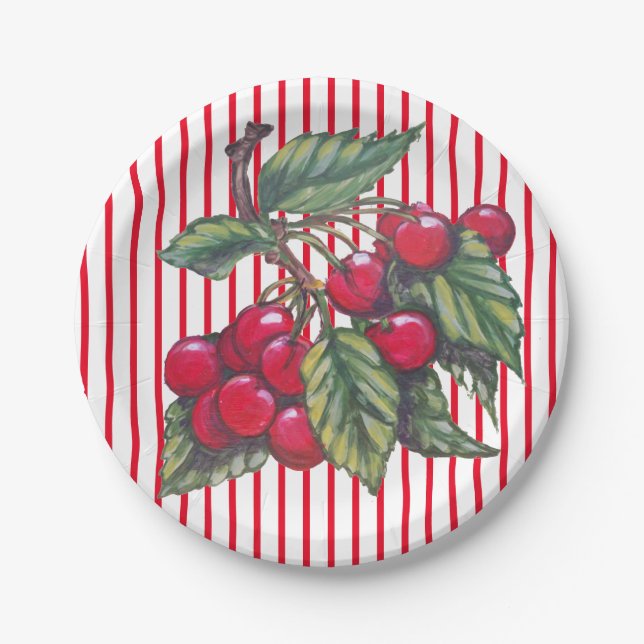 Fresh Cherry Red White Stripe Summer Dessert Paper Plates (Front)