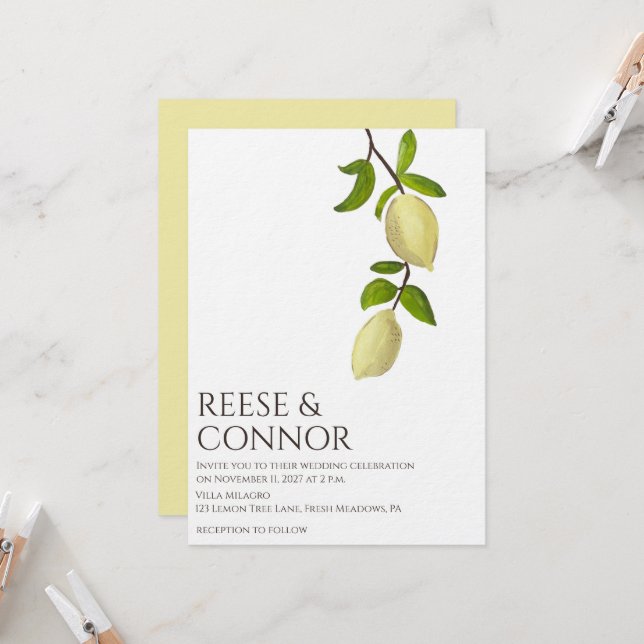 Fresh Citrus Painted Lemons Modern Mediterranean Invitation (Front/Back In Situ)