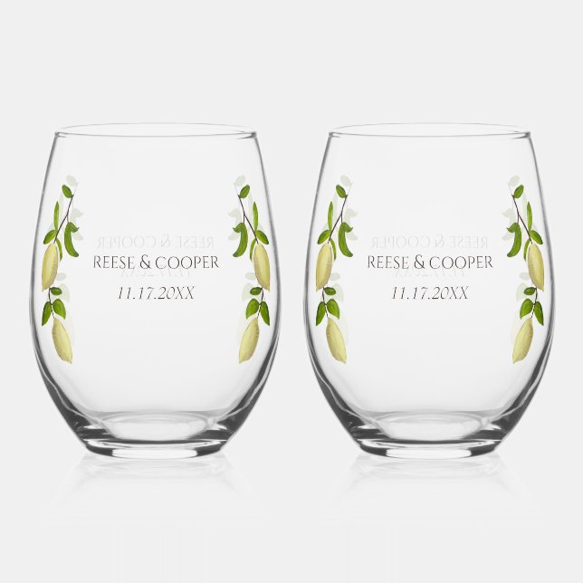 Fresh Citrus Painted Lemons Modern Mediterranean Stemless Wine Glass (Front)