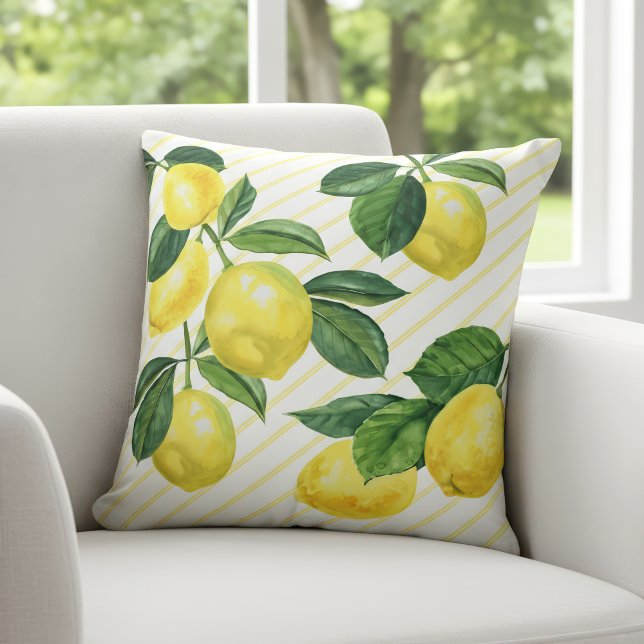 Fresh country rustic lemon watercolor pinstripes throw pillow (Creator Uploaded)