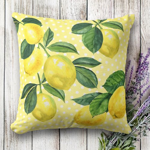 Fresh country rustic lemons watercolor polka dots throw pillow