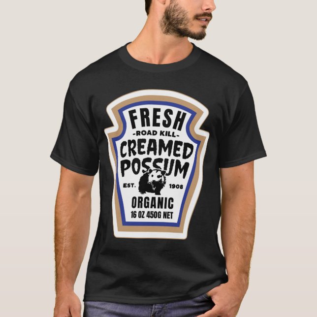 Fresh Creamed Possum Funny Halloween Food Label Co T-Shirt (Front)