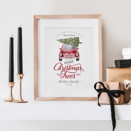Fresh Cut Christmas Trees Red Watercolor Retro Car Poster