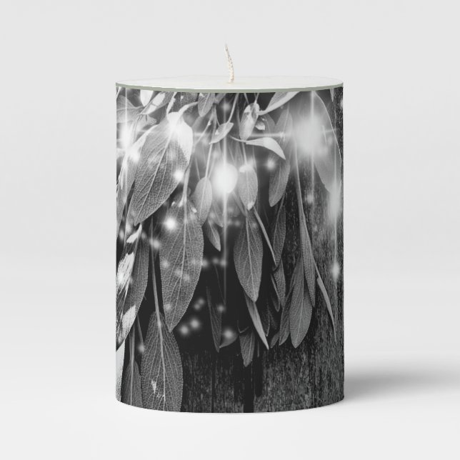 Fresh-cut Sage Barn-wood Grayscale Twinkle Lights Pillar Candle (Front)