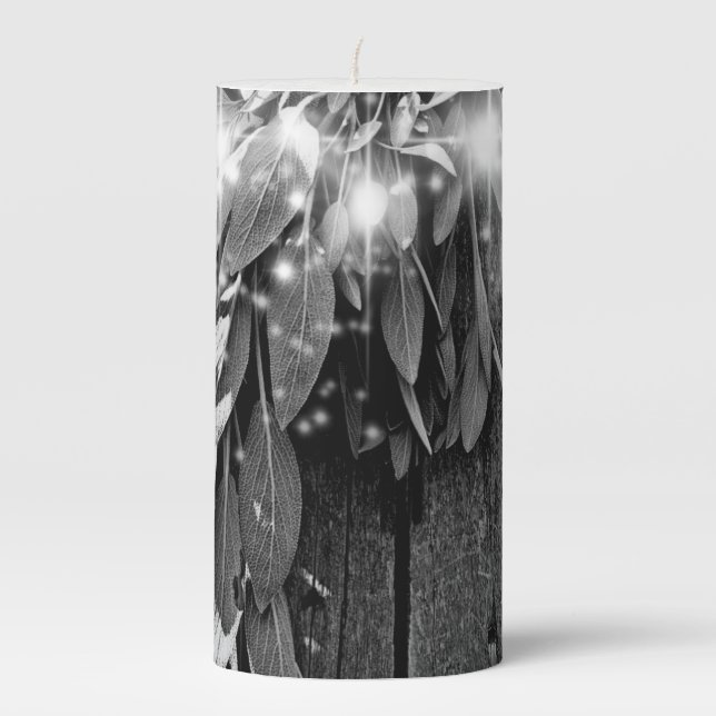 Fresh-cut Sage Barn-wood Grayscale Twinkle Lights Pillar Candle (Front)