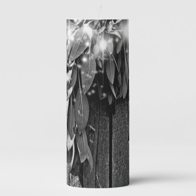 Fresh-cut Sage Barn-wood Grayscale Twinkle Lights Pillar Candle (Front)