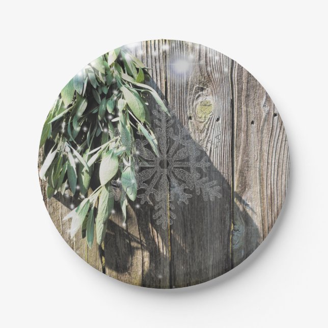 Fresh-cut Sage Barn-wood Snowflake Twinkle Lights Paper Plates (Front)