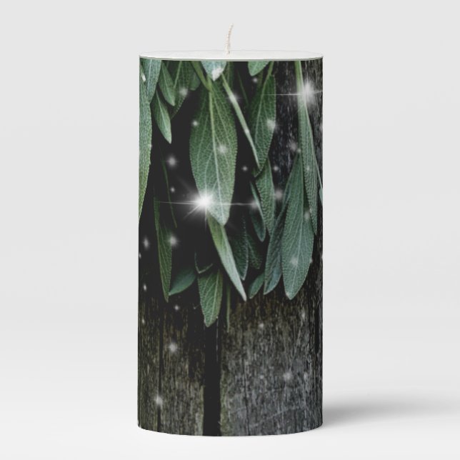 Fresh-cut Sage Barn-wood Twinkle Lights Pillar Candle (Front)