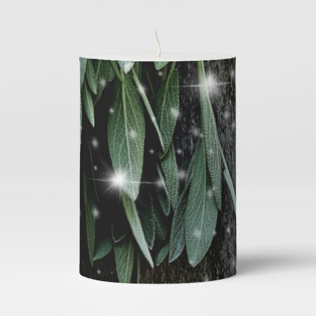 Fresh-cut Sage Barn-wood Twinkle Lights Pillar Candle (Front)