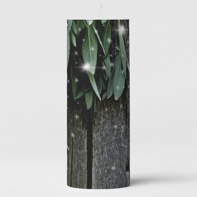 Fresh-cut Sage Barn-wood Twinkle Lights Pillar Candle (Front)