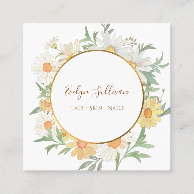 Fresh daisies and gold circle business card (Front)