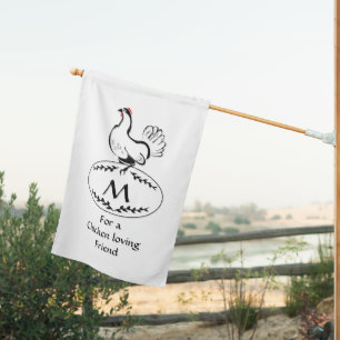 Fresh Eggs Classic Laying Hen on a Monogram Egg House Flag