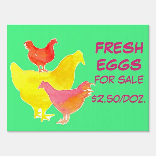 Fresh Eggs For Sale Watercolor Chickens Green Sign