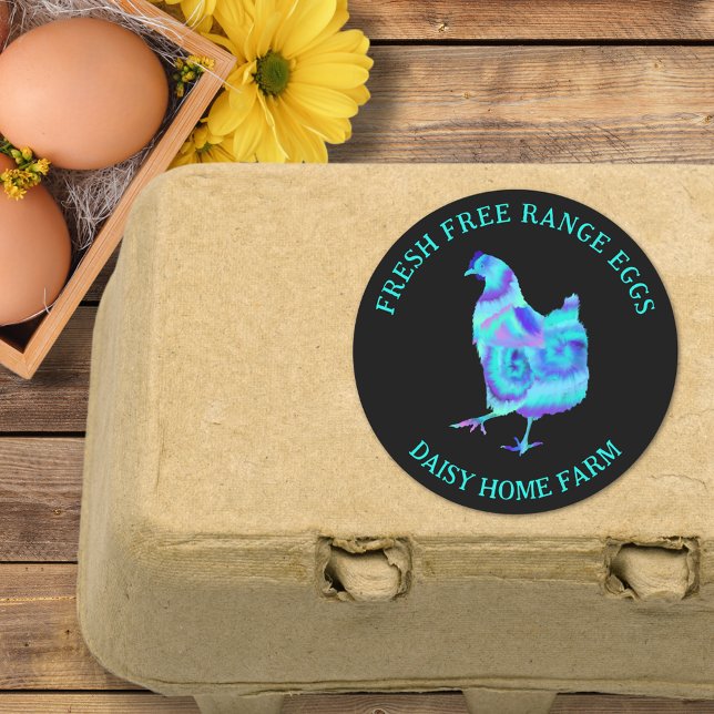 Fresh Eggs Modern Business Classic Round Sticker (Fresh free range chicken egg box stickers colorful hen with personalized small business name)
