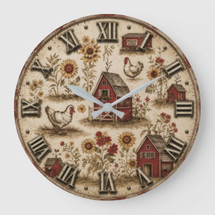 Fresh Eggs Rustic Chicken & Red Barn Farmhouse Large Clock