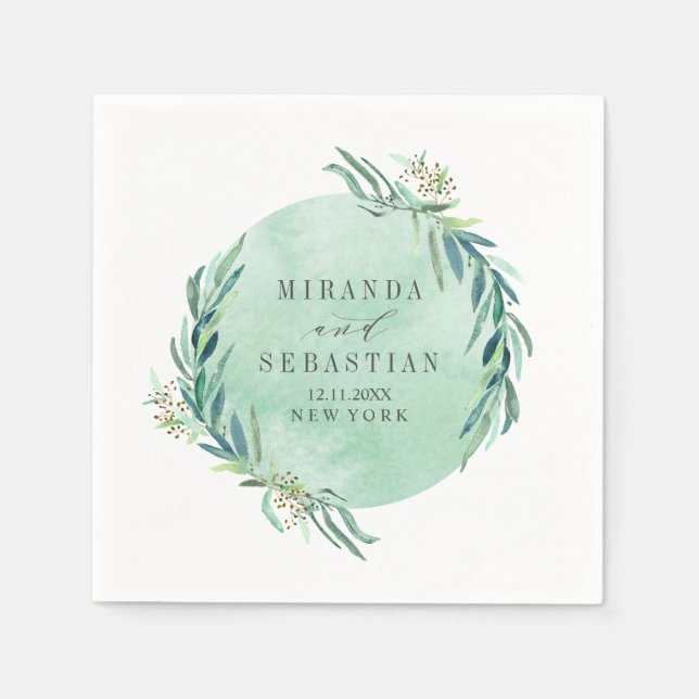 Fresh eucaliptus garland aqua monogram wedding napkins (Front)