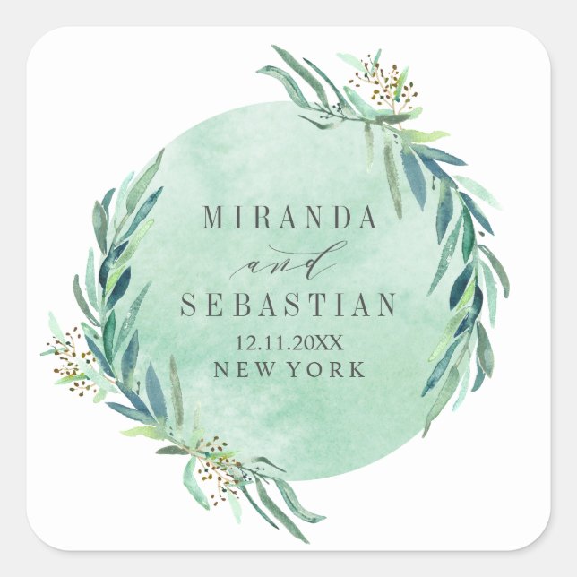Fresh Eucalyptus botanical wedding monogram Square Sticker (Front)