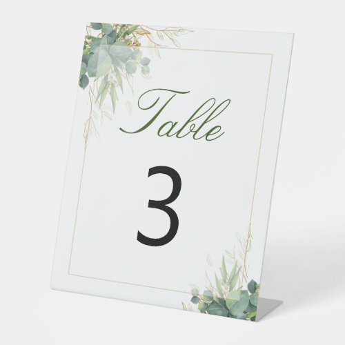 Fresh Eucalyptus Gold Leaf Geometric Table Number Pedestal Sign