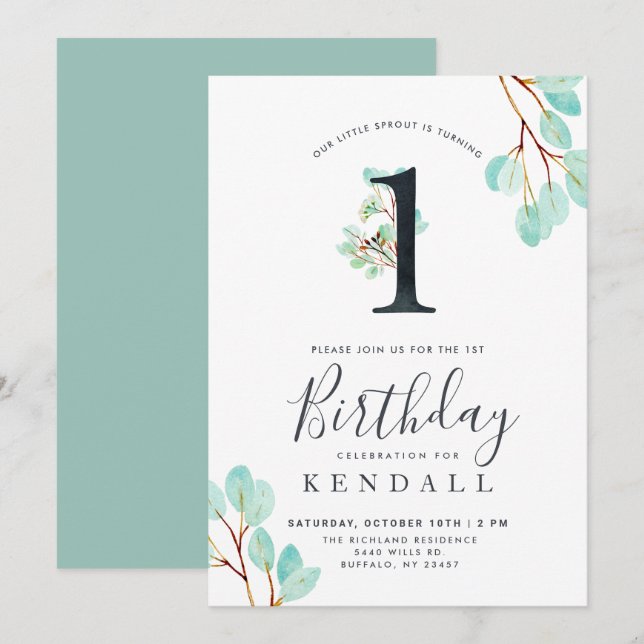 Fresh Eucalyptus | Greenery Themed 1st Birthday Invitation (Front/Back)