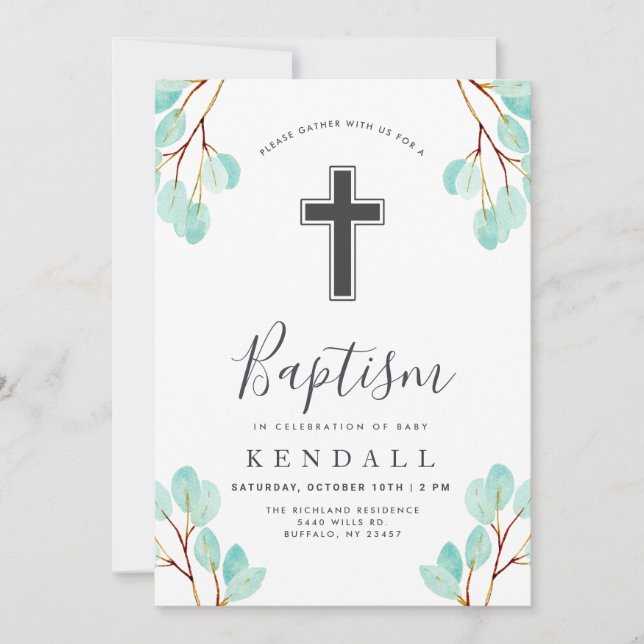 Fresh Eucalyptus | Greenery Themed Baptism Invitation (Front)