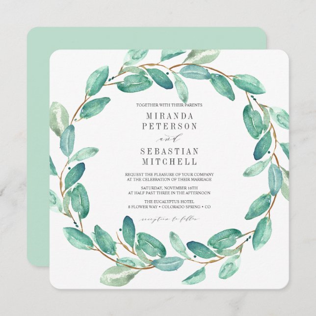 Fresh Eucalyptus Leaves wreath Botanical Wedding Invitation (Front/Back)