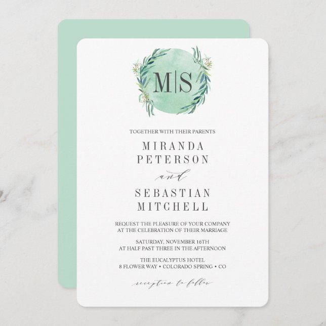 Fresh Eucalyptus Monogram Botanical Wedding Invitation (Front/Back)
