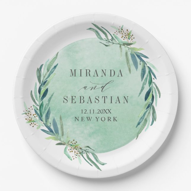 Fresh Eucalyptus monogram wedding Paper Plates (Front)