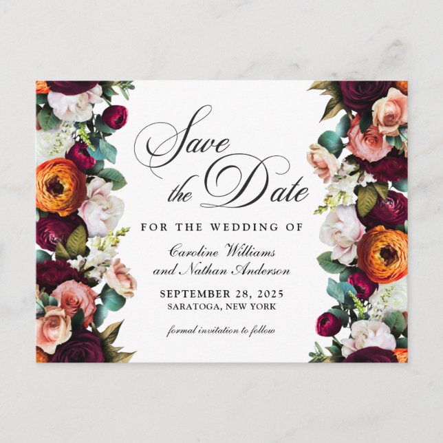 Fresh Fall Romantic Floral Wedding Save the Date Postcard (Front)