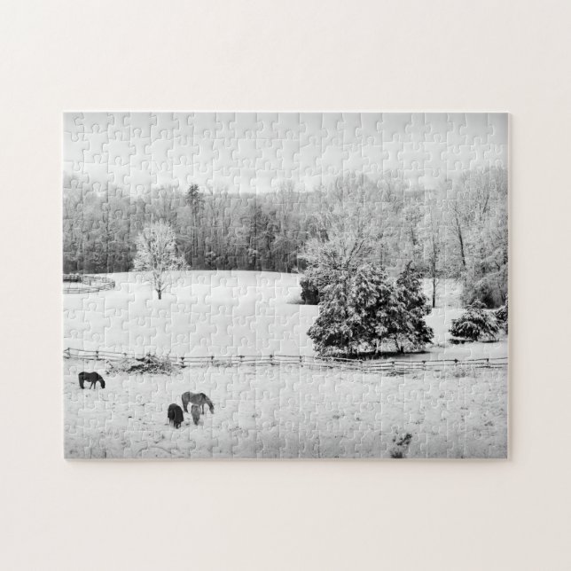 Fresh Fallen Snow at the Horse Ranch - 11x14 inch Jigsaw Puzzle (Horizontal)