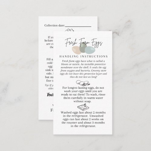 Fresh Farm Egg Handling Instructions Business Card