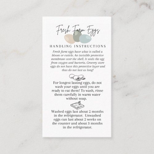 Fresh Farm Egg Handling Instructions Business Card