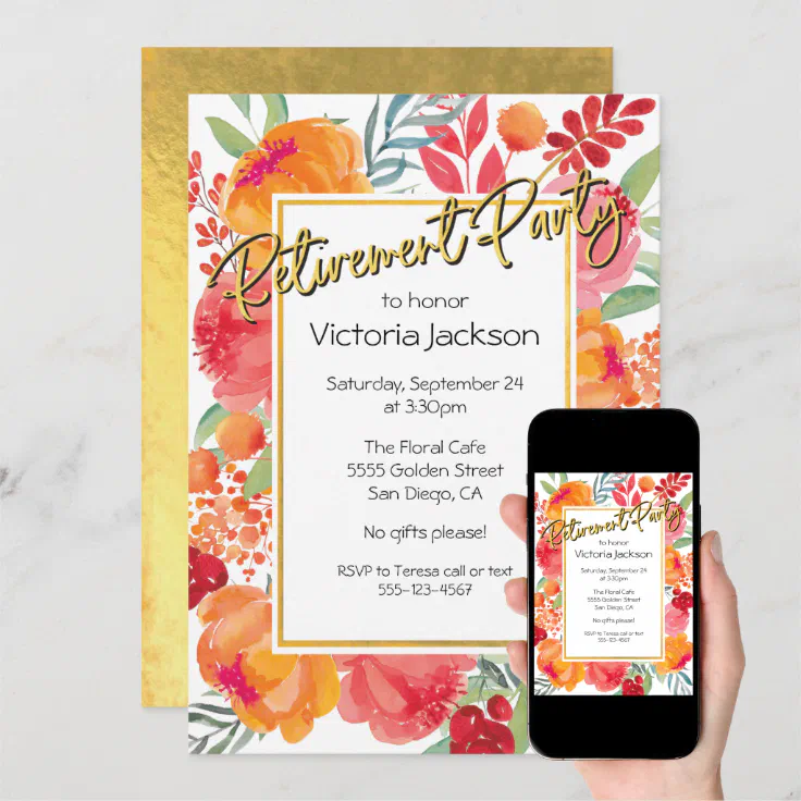 Fresh Flowers Gold Foil Retirement Party Invites Zazzle