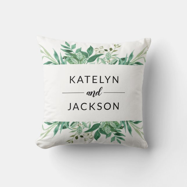 Fresh Foliage Botanical Bride & Groom Monogram Throw Pillow (Front)