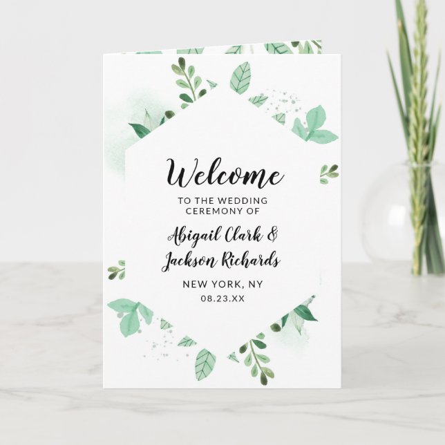 Fresh Foliage Botanical Hexagon Wedding Ceremony Program (Front)