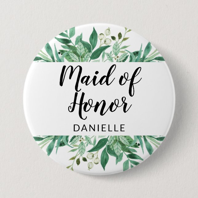 Fresh Foliage Botanical Maid of Honor Monogrammed Button (Front)