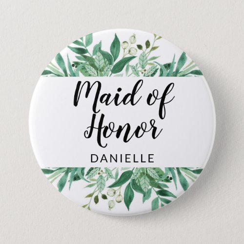 Fresh Foliage Botanical Maid of Honor Monogrammed Button