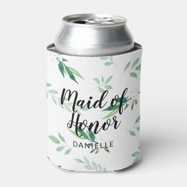 Fresh Foliage Botanical Maid of Honor Monogrammed Can Cooler (Can Front)