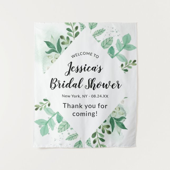 Fresh Foliage Botanical Mint Bridal Shower Welcome Tapestry (Front)
