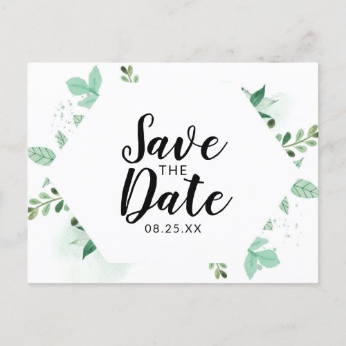 Fresh Foliage Botanical Mint Hexagon Save the Date Announcement Postcard