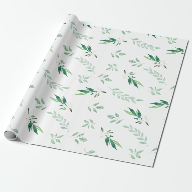 Fresh Foliage Botanical Pattern Watercolor Wedding Wrapping Paper (Unrolled)