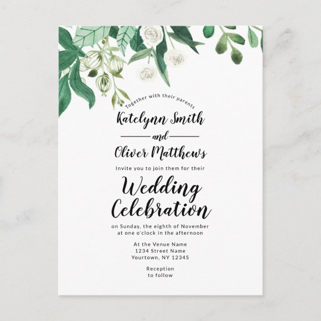 Fresh Foliage Botanical Top Border Trendy Wedding Invitation Postcard (Front)