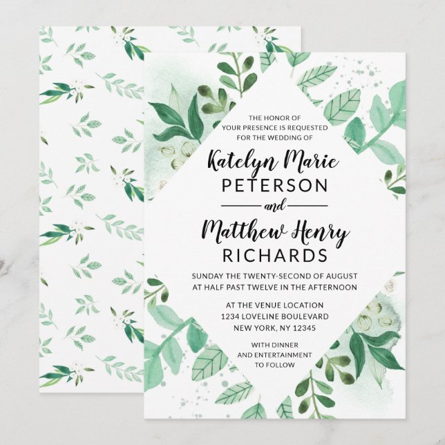 Fresh Foliage Botanical Watercolor Diamond Wedding Invitation (Front/Back)