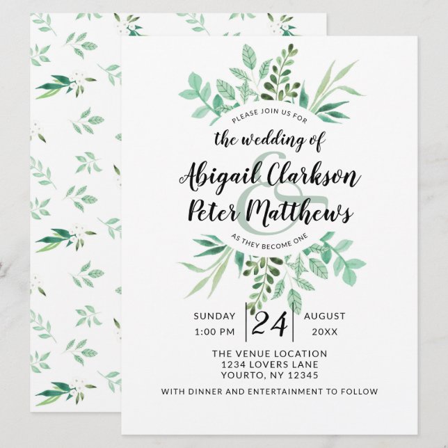 Fresh Foliage Botanical Watercolor Wreath Wedding Invitation (Front/Back)