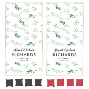 Fresh Foliage Wedding Monogram Bride & Groom Names Cornhole Set
