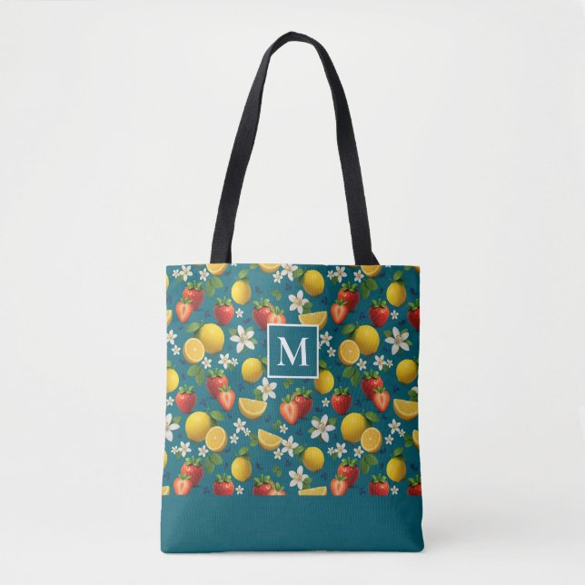 Fresh Fruit Strawberry & Lemon Monogram Tote Bag (Front)