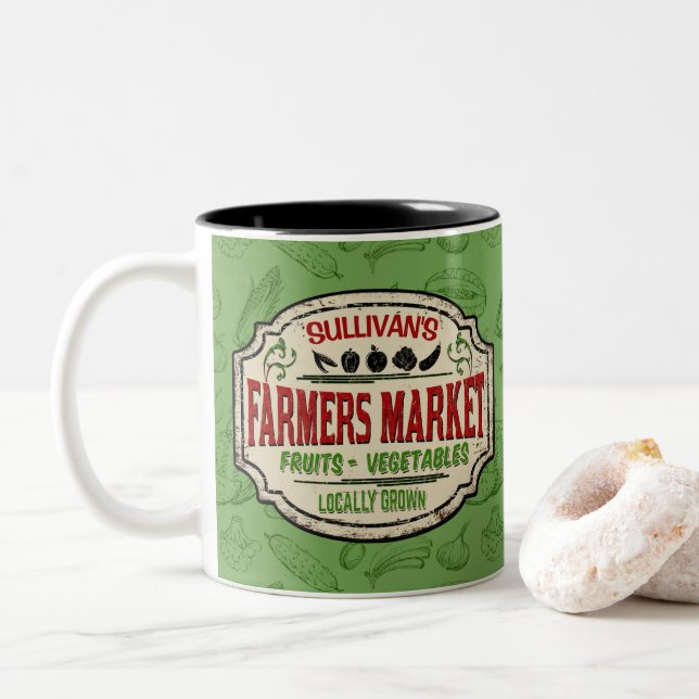 Fresh Garden ADD NAME Locally Grown Farmers Market Two-Tone Coffee Mug (With Donut)
