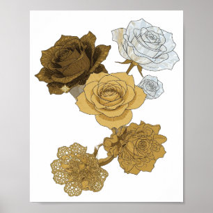 Fresh Gray GOLDEN ROSES 3D Text Art Poster