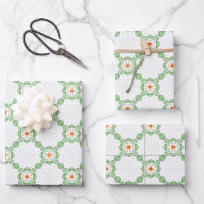 Fresh Green and Coral Orange Geometric Grid Wrap Wrapping Paper Sheets