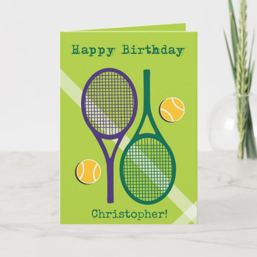 Fresh green and purple tennis racket Birthday Card