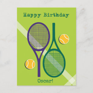 Fresh green and purple tennis racket Birthday Post Postcard